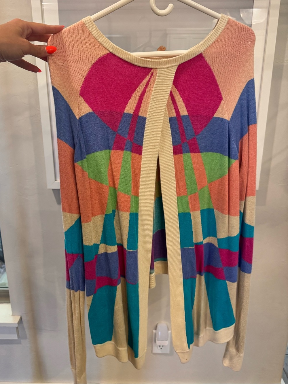 Mara Hoffman Multicolor Geometric Open-Front Cardigan with Cream Trim